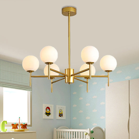 Contemporary Black/Gold Globe Chandelier with Radial Design - 6/8/9 Lights, Milk Glass Hanging Lamp