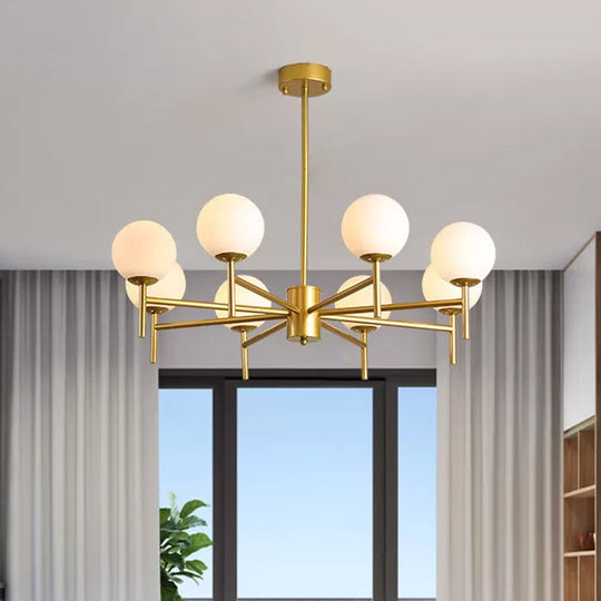 Contemporary Black/Gold Globe Chandelier with Radial Design - 6/8/9 Lights, Milk Glass Hanging Lamp