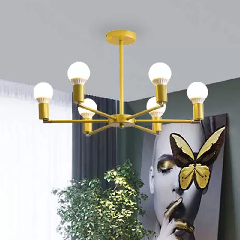 Gold Radial Metal Chandelier with Hanging Lights for Bedroom - Modern Design with Bare Bulb