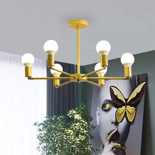 Gold Radial Metal Chandelier with Hanging Lights for Bedroom - Modern Design with Bare Bulb