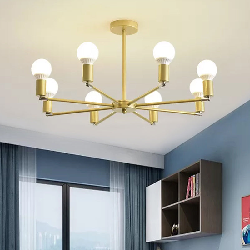 Gold Radial Metal Chandelier with Hanging Lights for Bedroom - Modern Design with Bare Bulb