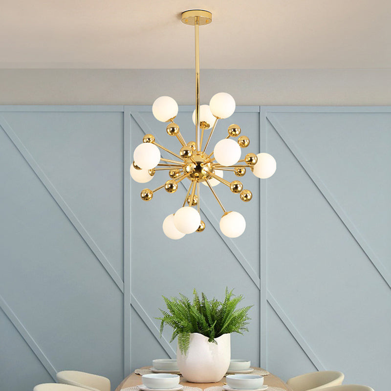 Gold Starburst Chandelier with White Glass Ball Shades - Designer Multi-Light Pendant Lamp - Various Width Options: 23.5", 31.5", 39