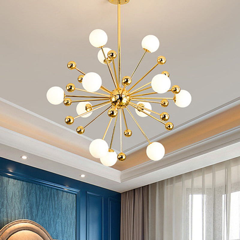 Gold Starburst Chandelier with White Glass Ball Shades - Designer Multi-Light Pendant Lamp - Various Width Options: 23.5", 31.5", 39