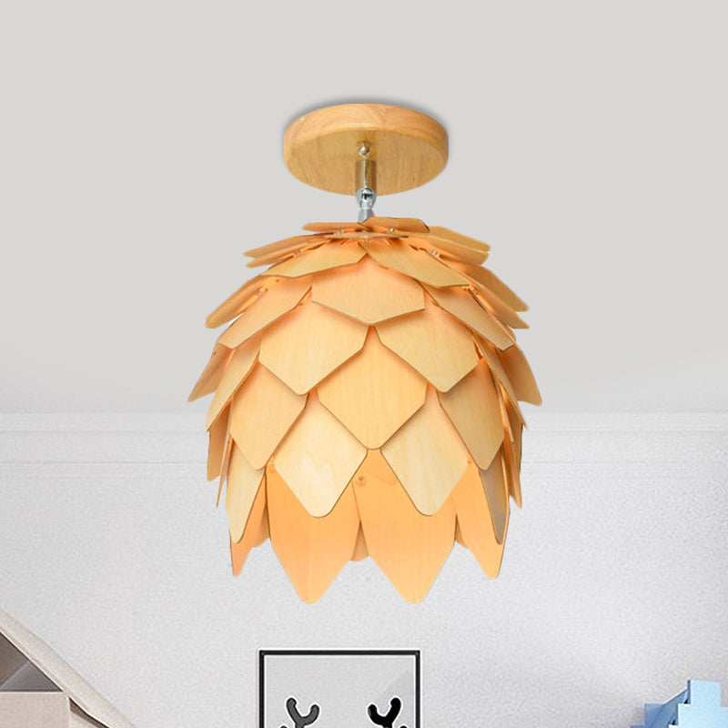 Modern Wooden Square/Trumpet/Pineapple Semi-Flush Ceiling Light - 1 Light Indoor Mount