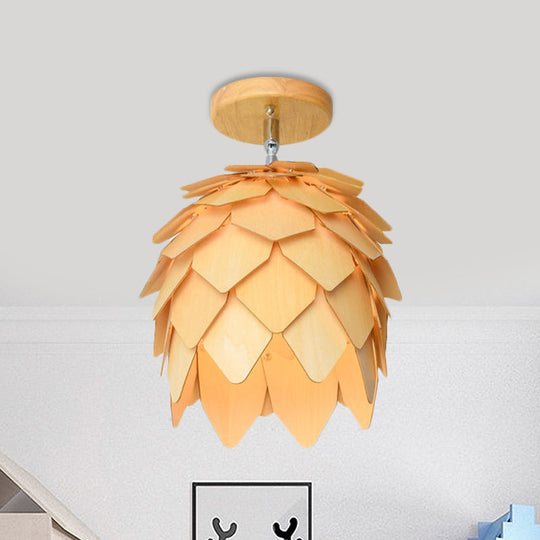 Modern Wooden Square/Trumpet/Pineapple Semi-Flush Ceiling Light - 1 Light Indoor Mount