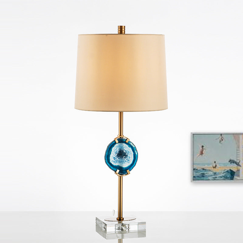 Modern Blue Night Table Lamp with Barrel Fabric Shade - Head Living Room Desk Light