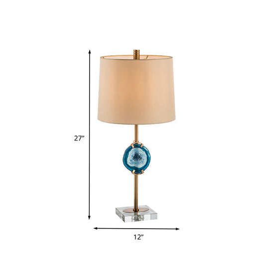 Modern Blue Night Table Lamp with Barrel Fabric Shade - Head Living Room Desk Light