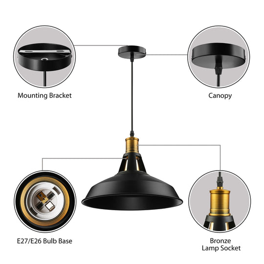 Dining Room Ceiling Light Fixture: 10.5"/12"/15" W 1-Light Hanging Light with Barn Shade - Farmhouse Style in Black/White/White Inner