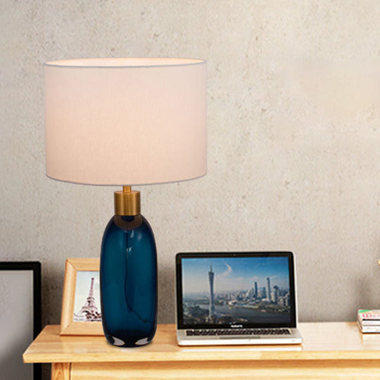 Modern Blue Table Lamp with Cylindrical Fabric Shade - 1 Head Living Room Task Light