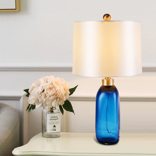 Modern Blue Table Lamp with Cylindrical Fabric Shade - 1 Head Living Room Task Light