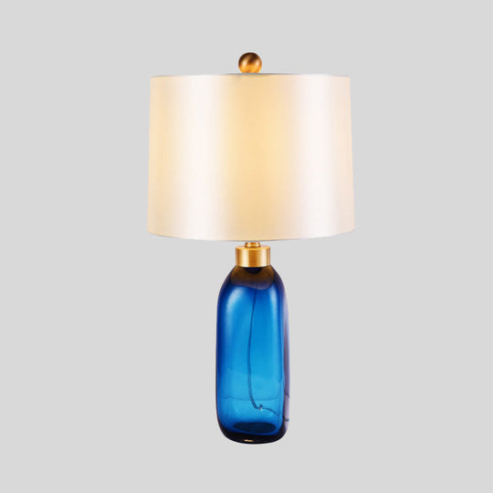 Modern Blue Table Lamp with Cylindrical Fabric Shade - 1 Head Living Room Task Light