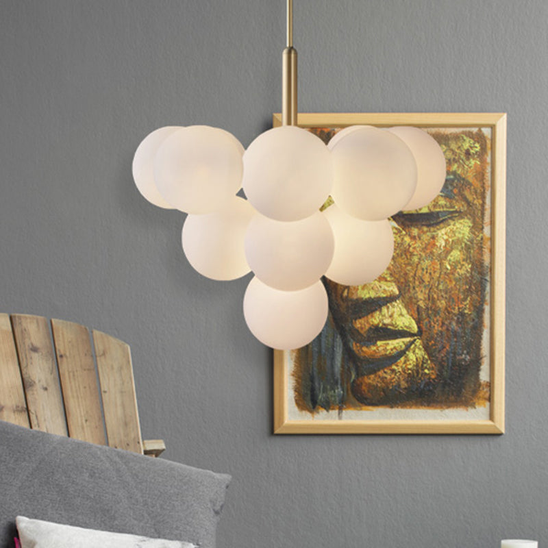 Contemporary White Glass Chandelier Lamp – 5/13 Lights Brass Pendant Light with Spherical Design