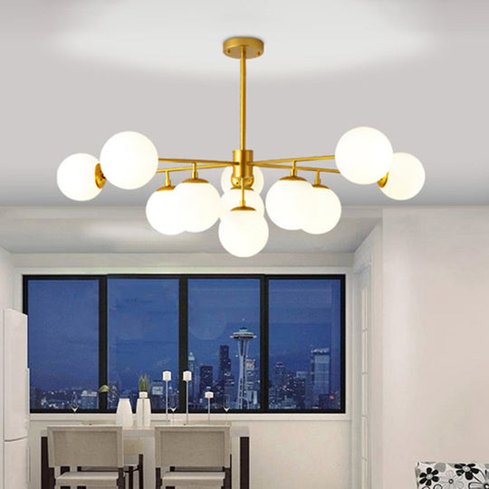 Modern Black/Gold Branch Chandelier - 7/9/11-Light Iron Pendant with White Glass Ball Shade