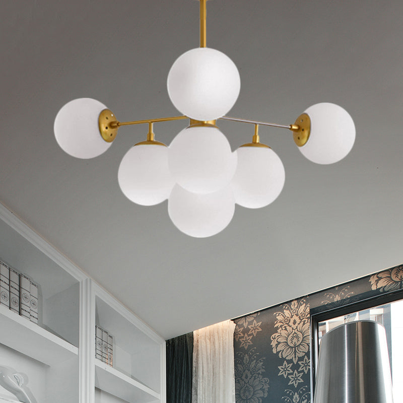 Modern Black/Gold Branch Chandelier - 7/9/11-Light Iron Pendant with White Glass Ball Shade