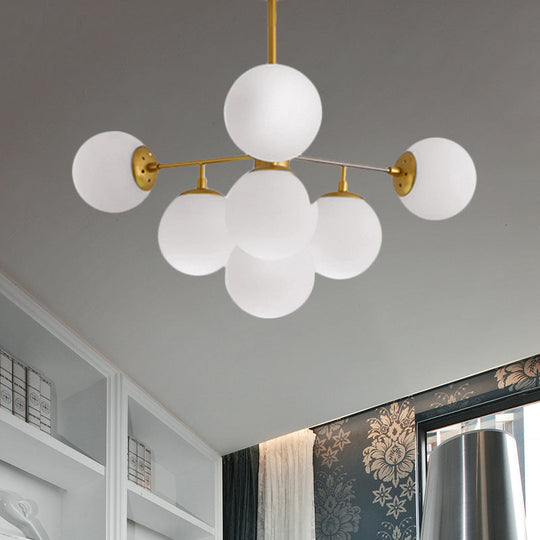 Modern Black/Gold Branch Chandelier - 7/9/11-Light Iron Pendant with White Glass Ball Shade