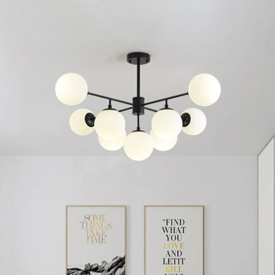 Modern Black/Gold Branch Chandelier - 7/9/11-Light Iron Pendant with White Glass Ball Shade