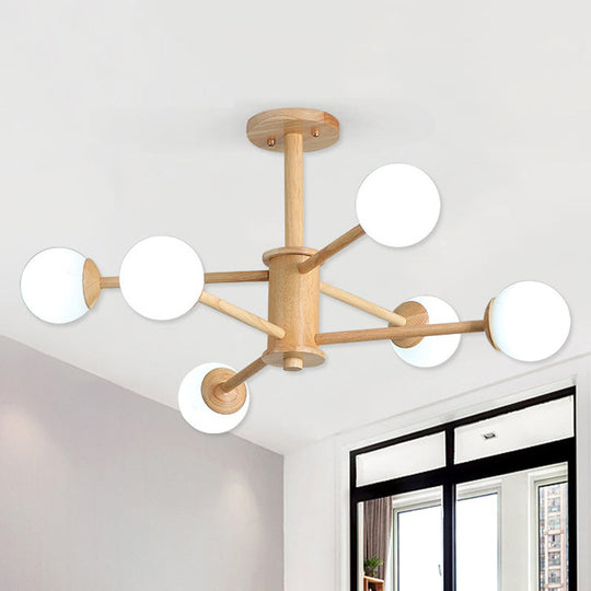 Contemporary Wooden Starburst Chandelier with Glass Ball Shade - Natural Wood Finish - 6/8/12 Lights