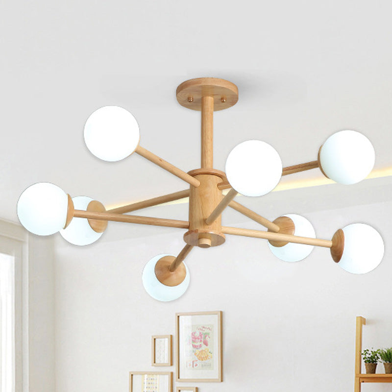 Contemporary Wooden Starburst Chandelier with Glass Ball Shade - Natural Wood Finish - 6/8/12 Lights