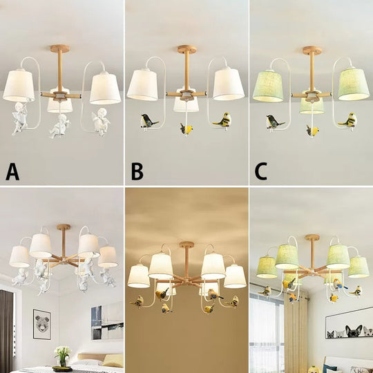 Contemporary Chandelier Light with Tapered Shade - Fabric & Wood - Ideal for Child Bedroom