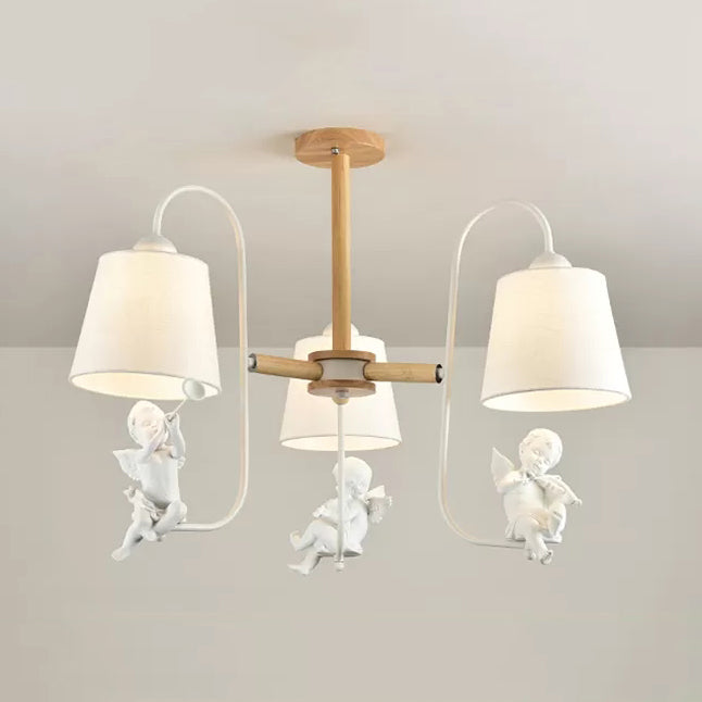 Contemporary Chandelier Light with Tapered Shade - Fabric & Wood - Ideal for Child Bedroom