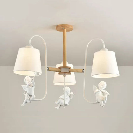Contemporary Chandelier Light with Tapered Shade - Fabric & Wood - Ideal for Child Bedroom