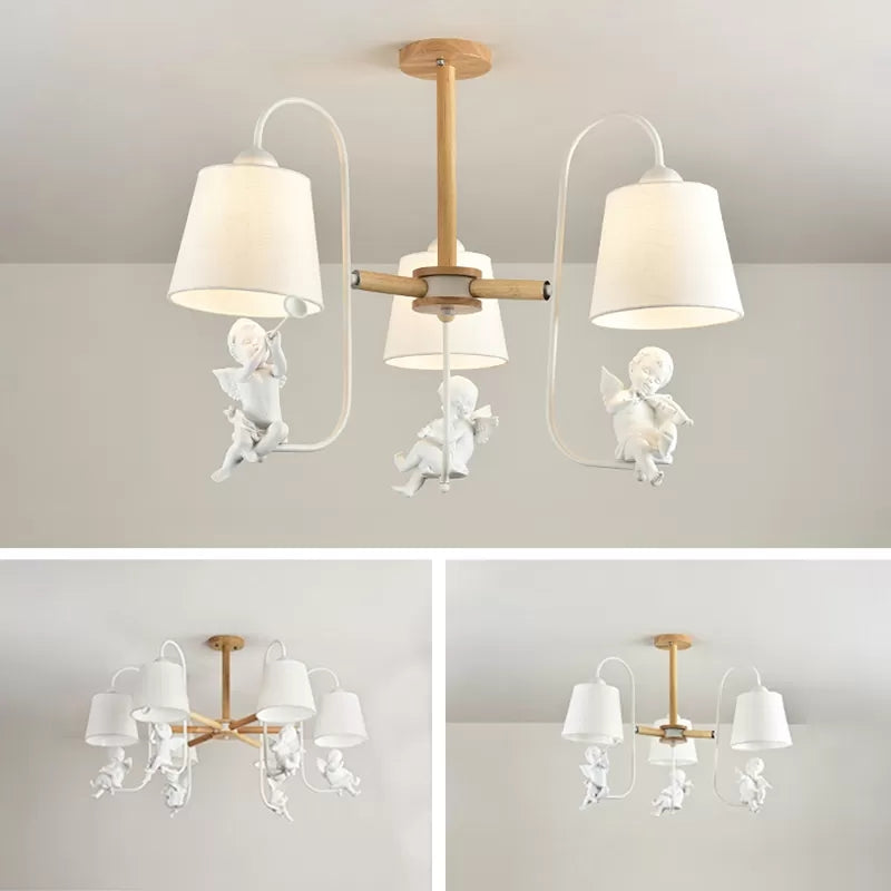 Contemporary Chandelier Light with Tapered Shade - Fabric & Wood - Ideal for Child Bedroom