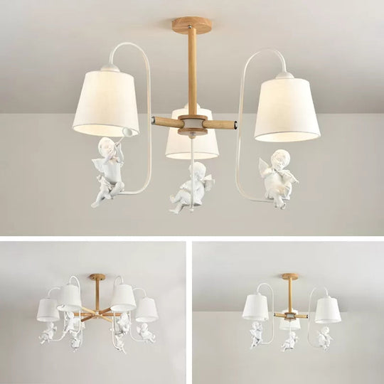 Contemporary Chandelier Light with Tapered Shade - Fabric & Wood - Ideal for Child Bedroom