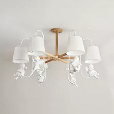 Contemporary Chandelier Light with Tapered Shade - Fabric & Wood - Ideal for Child Bedroom