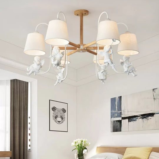 Contemporary Chandelier Light with Tapered Shade - Fabric & Wood - Ideal for Child Bedroom