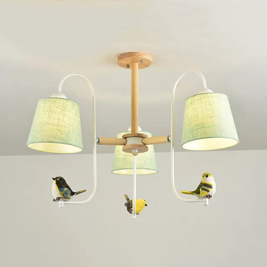 Contemporary Chandelier Light with Tapered Shade - Fabric & Wood - Ideal for Child Bedroom