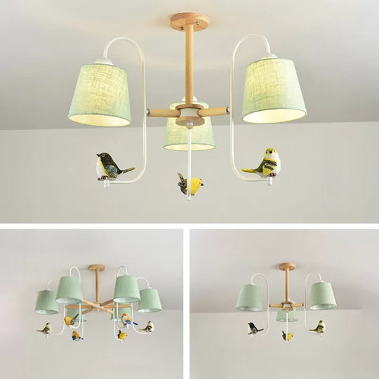 Contemporary Chandelier Light with Tapered Shade - Fabric & Wood - Ideal for Child Bedroom