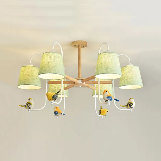 Contemporary Chandelier Light with Tapered Shade - Fabric & Wood - Ideal for Child Bedroom