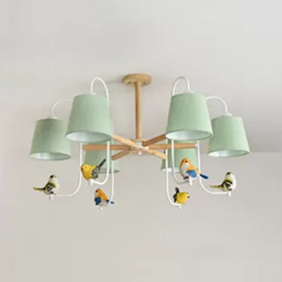 Contemporary Chandelier Light with Tapered Shade - Fabric & Wood - Ideal for Child Bedroom