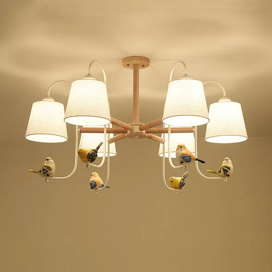 Contemporary Chandelier Light with Tapered Shade - Fabric & Wood - Ideal for Child Bedroom
