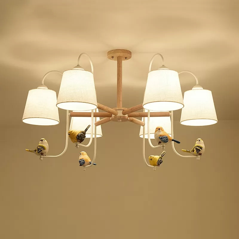 Contemporary Chandelier Light with Tapered Shade - Fabric & Wood - Ideal for Child Bedroom