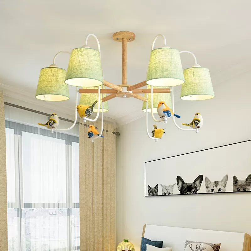 Contemporary Chandelier Light with Tapered Shade - Fabric & Wood - Ideal for Child Bedroom