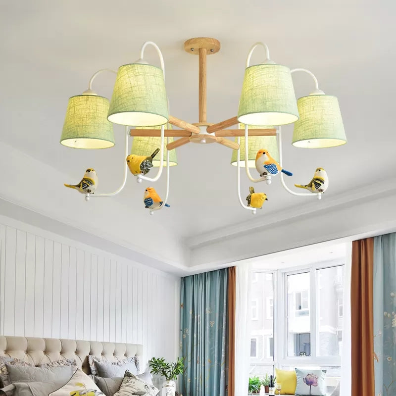 Contemporary Chandelier Light with Tapered Shade - Fabric & Wood - Ideal for Child Bedroom