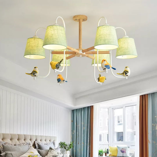 Contemporary Chandelier Light with Tapered Shade - Fabric & Wood - Ideal for Child Bedroom