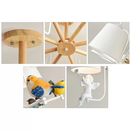 Contemporary Chandelier Light with Tapered Shade - Fabric & Wood - Ideal for Child Bedroom