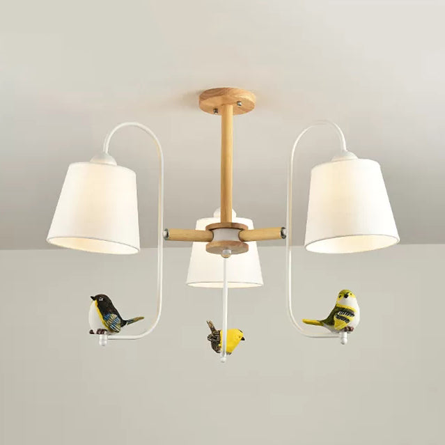 Contemporary Chandelier Light with Tapered Shade - Fabric & Wood - Ideal for Child Bedroom