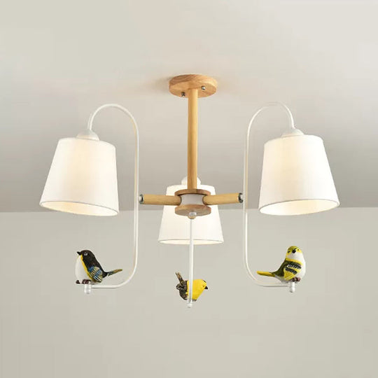 Contemporary Chandelier Light with Tapered Shade - Fabric & Wood - Ideal for Child Bedroom