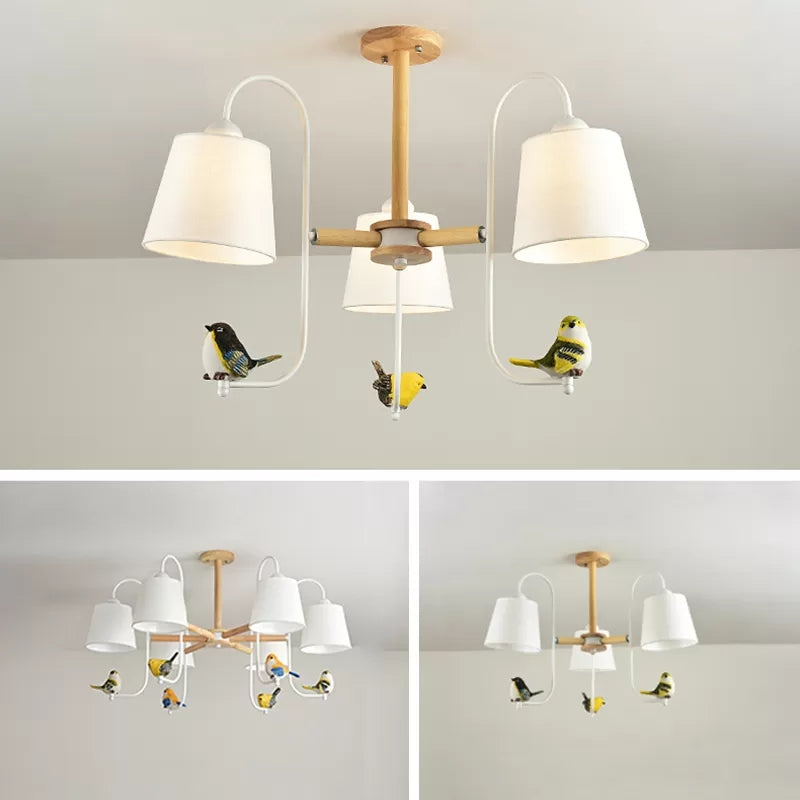 Contemporary Chandelier Light with Tapered Shade - Fabric & Wood - Ideal for Child Bedroom