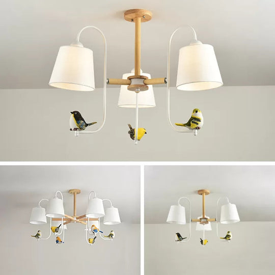 Contemporary Chandelier Light with Tapered Shade - Fabric & Wood - Ideal for Child Bedroom
