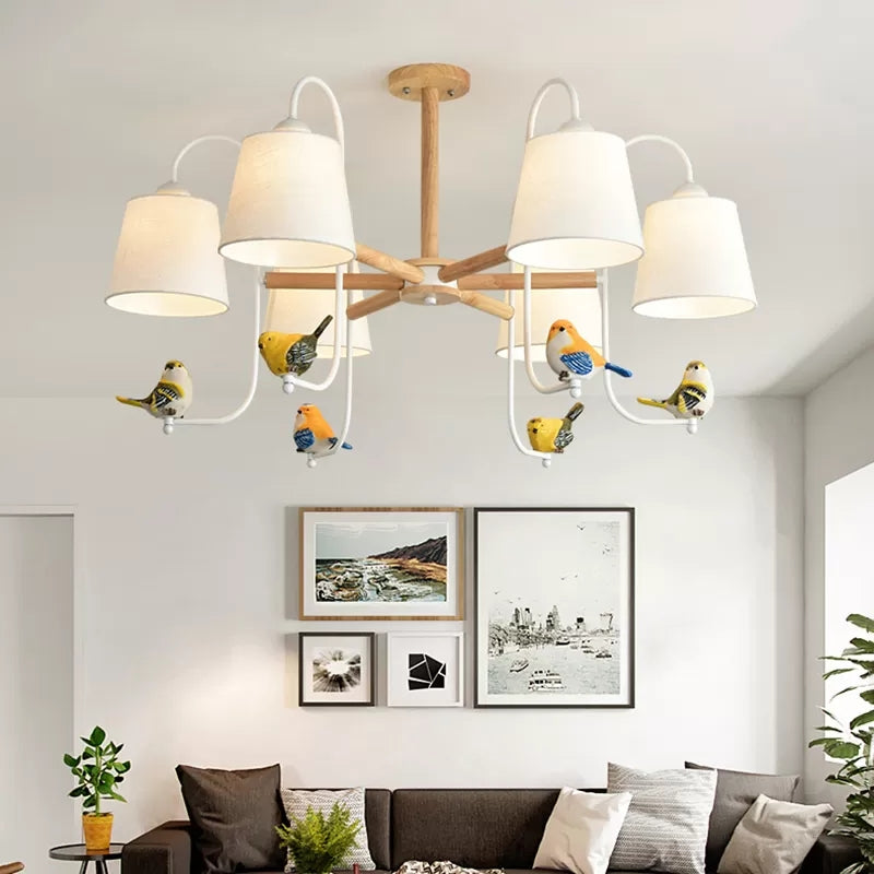 Contemporary Chandelier Light with Tapered Shade - Fabric & Wood - Ideal for Child Bedroom