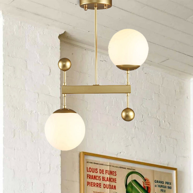 Modern Black/Gold Round Chandelier - 2-Light LED Ceiling Lamp with Milky Glass