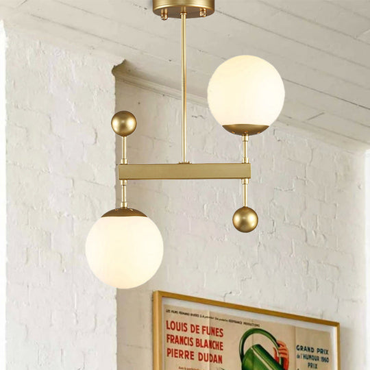 Modern Black/Gold Round Chandelier - 2-Light LED Ceiling Lamp with Milky Glass