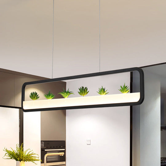 Modern LED Metal Rectangular Chandelier, 27.5" Wide Ceiling Hung Light in White/Black, with Artificial Plant and White/Warm Light