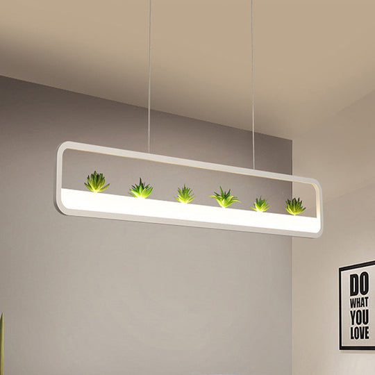 Modern LED Metal Rectangular Chandelier, 27.5" Wide Ceiling Hung Light in White/Black, with Artificial Plant and White/Warm Light