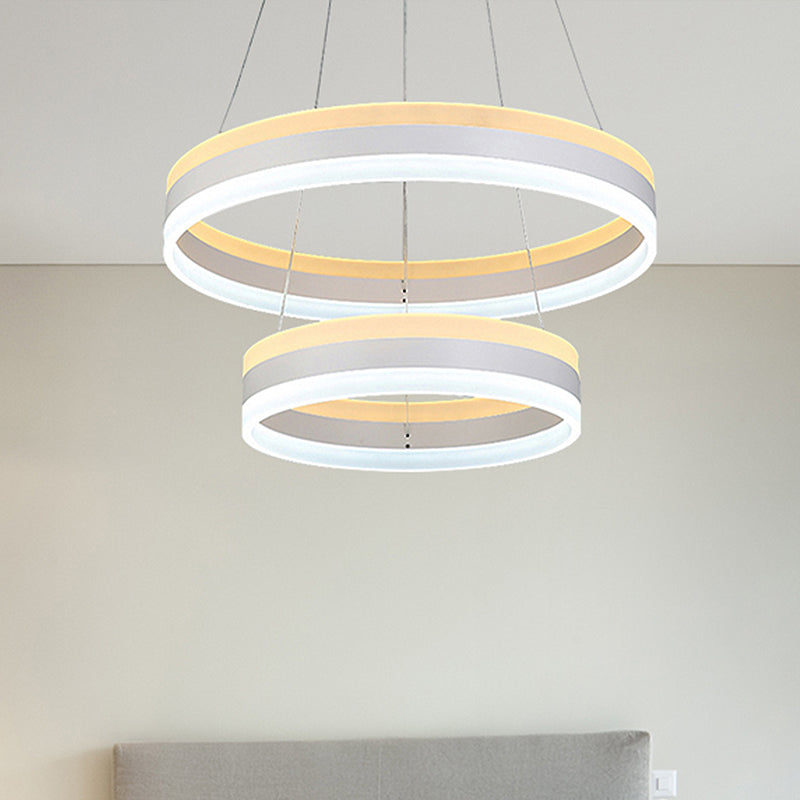 Modern Silver Circular LED Chandelier Pendant Light Fixture | 1/2/3-Light Acrylic Ceiling Lighting