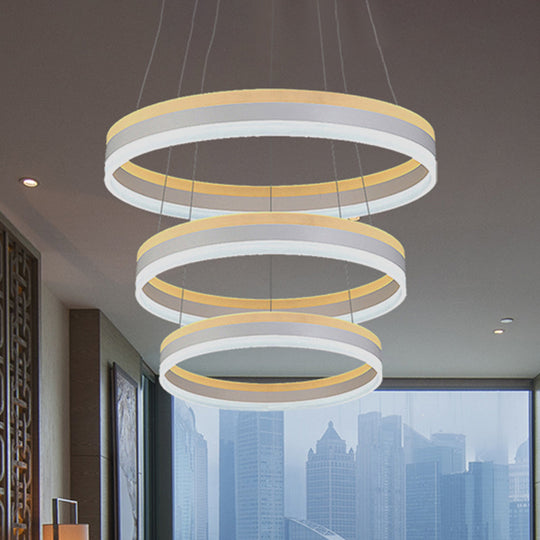 Modern Silver Circular LED Chandelier Pendant Light Fixture | 1/2/3-Light Acrylic Ceiling Lighting